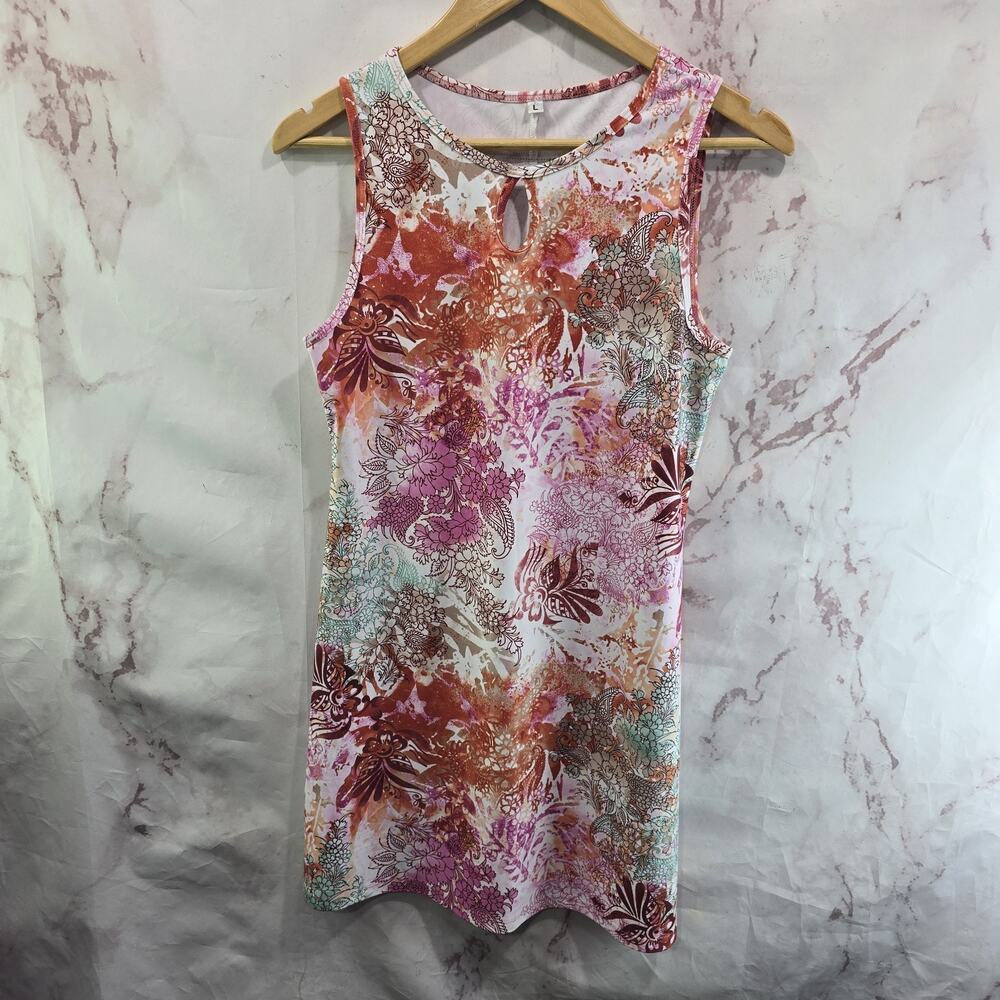 Nuu Muu Dress Womens Large Pink Orange Tank Mini Floral Doodle Keyhole